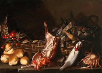 Giovanni Battista Ruoppolo - Natura morta con pani frutta e selvaggina e pesci